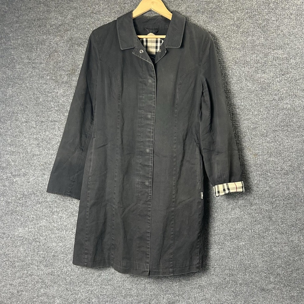 Burberry London Coat Womens 10 Black Cotton Nova Check Lined Rain Mid Length - Picture 1 of 8